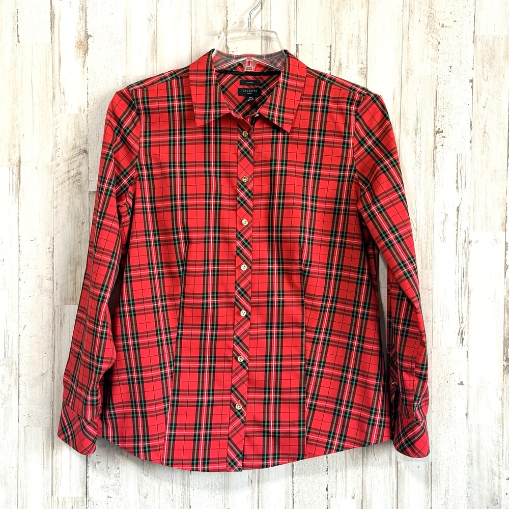 Talbots Non Iron‎ Blouse 8 Petite Red Tartan Plaid Shirt Holiday Christmas Party